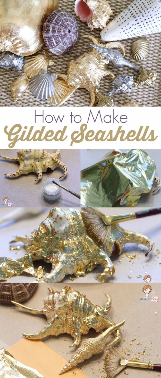 DIY Ideas With Sea Shells - Gilded Seashells - Best Cute Sea Shell Crafts for Adults and Kids - Easy Beach House Decor Ideas With Sand and Large Shell Art - Wall Decor and Home, Bedroom and Bath - Cheap DIY Projects Make Awesome Homemade Gifts http://diyjoy.com/diy-ideas-sea-shells