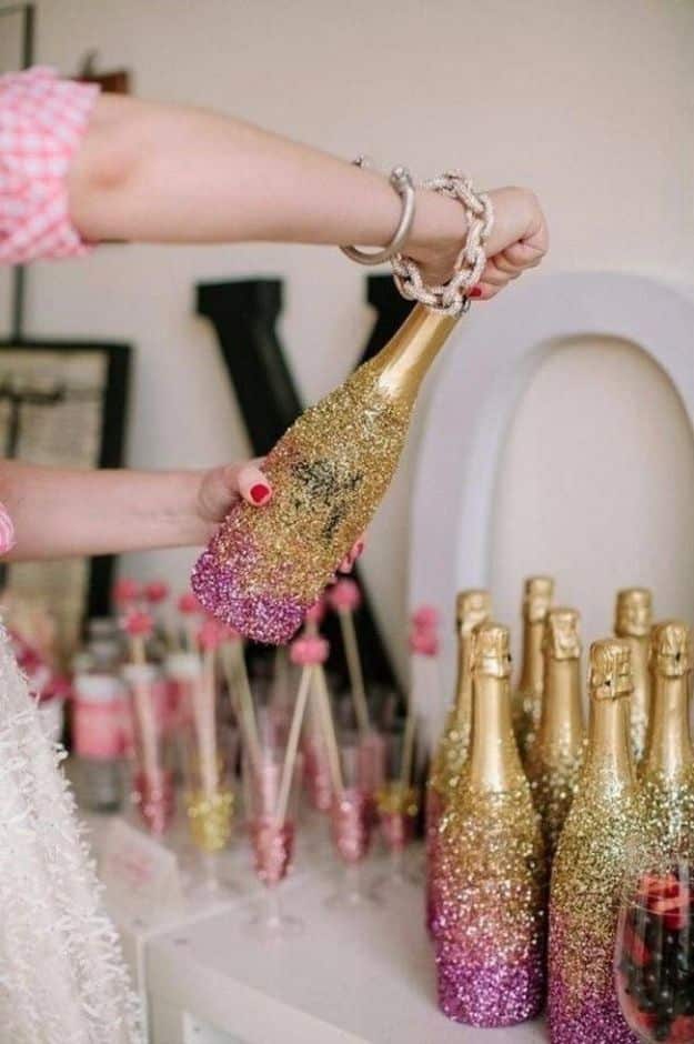 New Years Eve Decor Ideas - Glitter Champagne DIY - DIY New Year's Eve Decorations - Cheap Ideas for Banners, Balloons, Party Tables, Centerpieces and Festive Streamers and Lights - Cool Placecards, Photo Backdrops, Party Hats, Party Horns and Champagne Glasses - Cute Invitations, Games and Free Printables #diy #newyearseve #parties