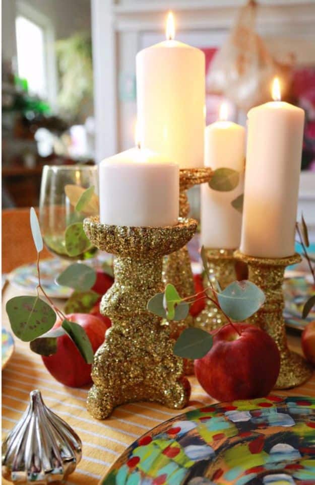 New Years Eve Decor Ideas - Glittered Candlesticks - DIY New Year's Eve Decorations - Cheap Ideas for Banners, Balloons, Party Tables, Centerpieces and Festive Streamers and Lights - Cool Placecards, Photo Backdrops, Party Hats, Party Horns and Champagne Glasses - Cute Invitations, Games and Free Printables #diy #newyearseve #parties