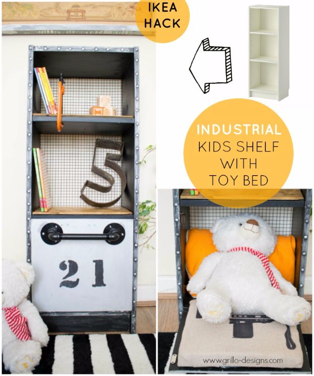 Best Furniture Hacks - Industrial Kids Shelf With Toy Bed - Easy DIY Furniture Makeover Ideas for Cheap Home Decor - IKEA Hack Tutorials, Dressers, Cribs, Storage, For Kids, Bedroom and Good Ideas for Bath - Anthropologie, Walmart, Kmart, Target http://diyjoy.com/best-furniture-hacks