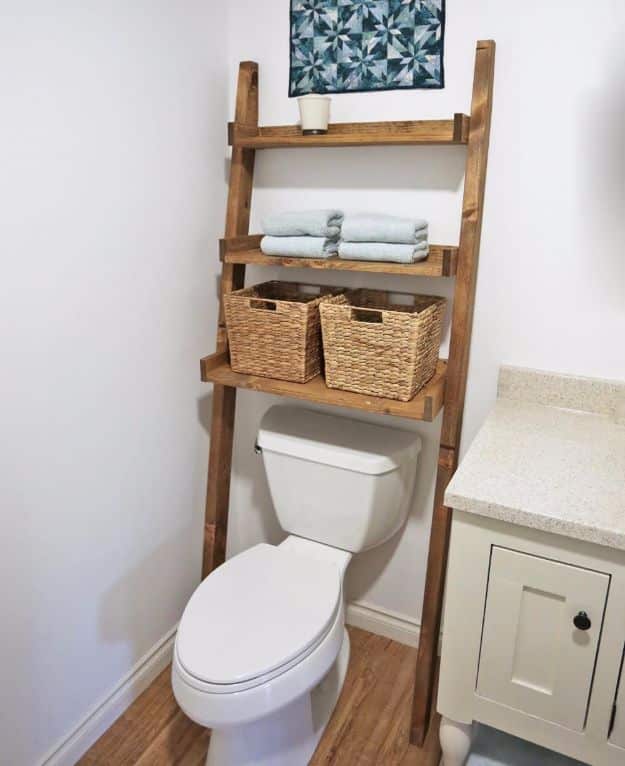 DIY Bathroom Storage Ideas - Leaning Bathroom Ladder - Best Solutions for Under Sink Organization, Countertop Jars and Boxes, Counter Caddy With Mason Jars, Over Toilet Ideas and Shelves, Easy Tips and Tricks for Small Spaces To Organize Bath Products #storageideas #diybathroom #bathroomdecor
