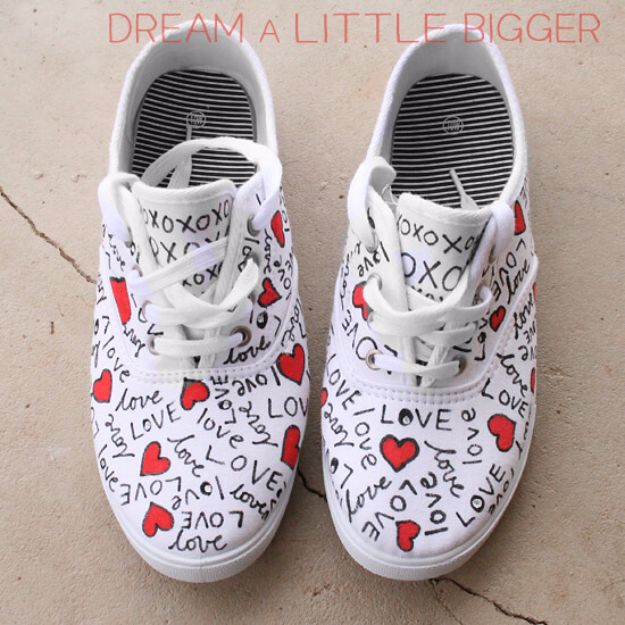 DIY Valentines Day Gifts for Her - Love Doodled Shoes - Cool and Easy Things To Make for Your Wife, Girlfriend, Fiance - Creative and Cheap Do It Yourself Projects to Give Your Girl - Ladies Love These Ideas for Bath, Yard, Home and Kitchen, Outdoors - Make, Don't Buy Your Valentine 