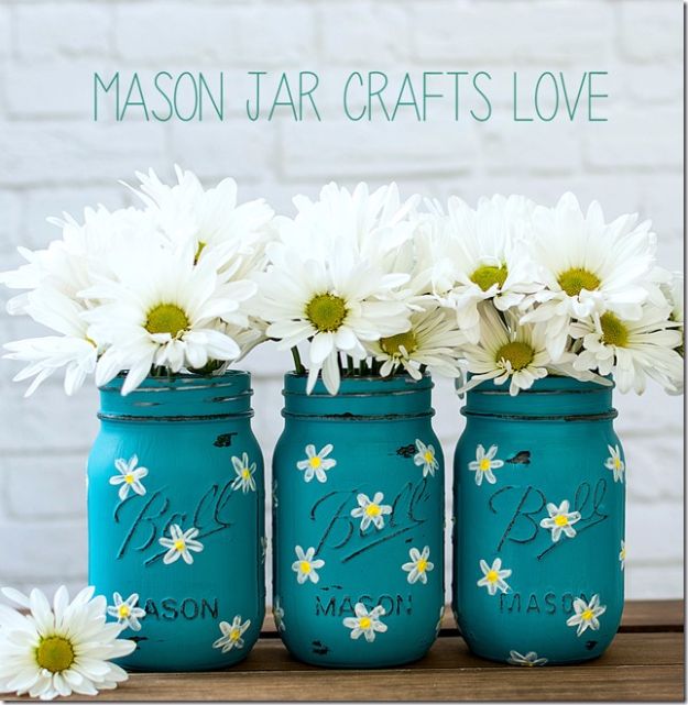 Best DIY Home Decor Crafts - Painted Daisy Mason Jar - Easy Craft Ideas To Make From Dollar Store Items - Cheap Wall Art, Easy Do It Yourself Gifts, Modern Wall Art On A Budget, Tabletop and Centerpiece Tutorials - Cool But Affordable Room and Home Decor With Step by Step Tutorials #diyhomedecor