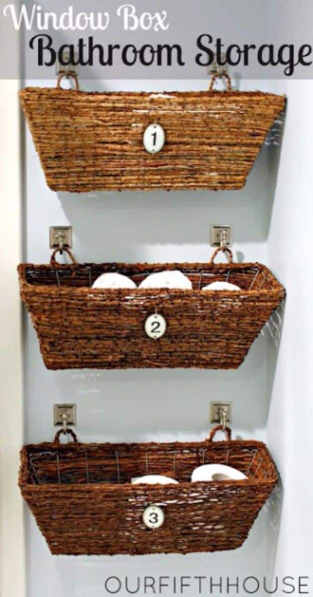 DIY Bathroom Storage Ideas - Wicker Window Boxes - Best Solutions for Under Sink Organization, Countertop Jars and Boxes, Counter Caddy With Mason Jars, Over Toilet Ideas and Shelves, Easy Tips and Tricks for Small Spaces To Organize Bath Products #storageideas #diybathroom #bathroomdecor