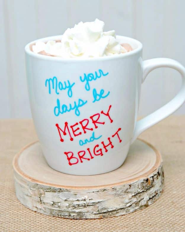 DIY Coffee Mugs - 15-Minute Holiday Mugs - Easy Coffee Mug Ideas for Homemade Gifts and Crafts - Decorate Your Coffee Cups and Tumblers With These Cool Art Ideas - Glitter, Paint, Sharpie Craft, Nail Polish Water Marble and Teen Projects #diygifts #easydiy