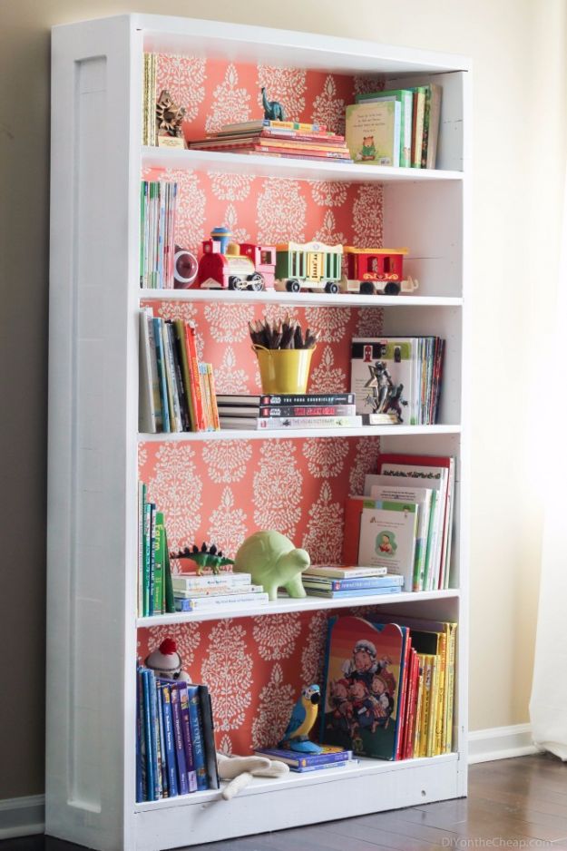 DIY Ideas for Wallpaper Scraps - Bookshelf Makeover - Cute Projects and Easy DIY Gift Ideas to Make With Leftover Wall Paper - Fun Home Decor, Homemade Wall Art Idea Tutorials, Creative Ways to Use Old Wallpapers - Cool Crafts for Men, Women and Teens http://diyjoy.com/diy-ideas-wallpaper-scraps