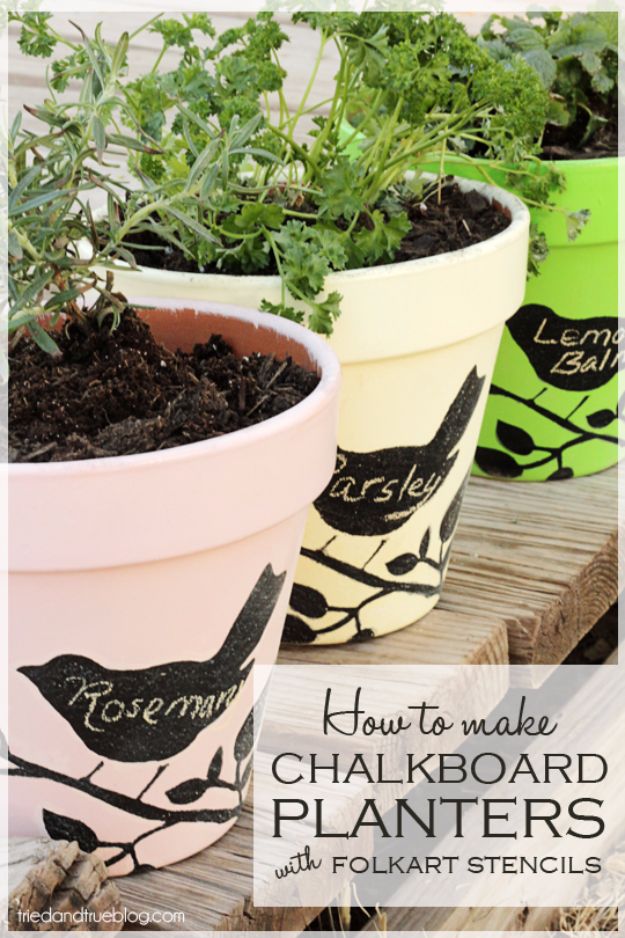 DIY Outdoor Planters - Chalkboard Planters With Folk Art Stencils And Paint - Easy Planter Ideas to Make for The Porch, Pation and Backyard - Your Plants Will Love These DIY Plant Holders, Potting Ideas and Planter Boxes - Gardening DIY for Big and Small Plants Outdoors - Concrete, Wood, Cheap, Simple, Modern and Rustic Projects With Step by Step Instructions 