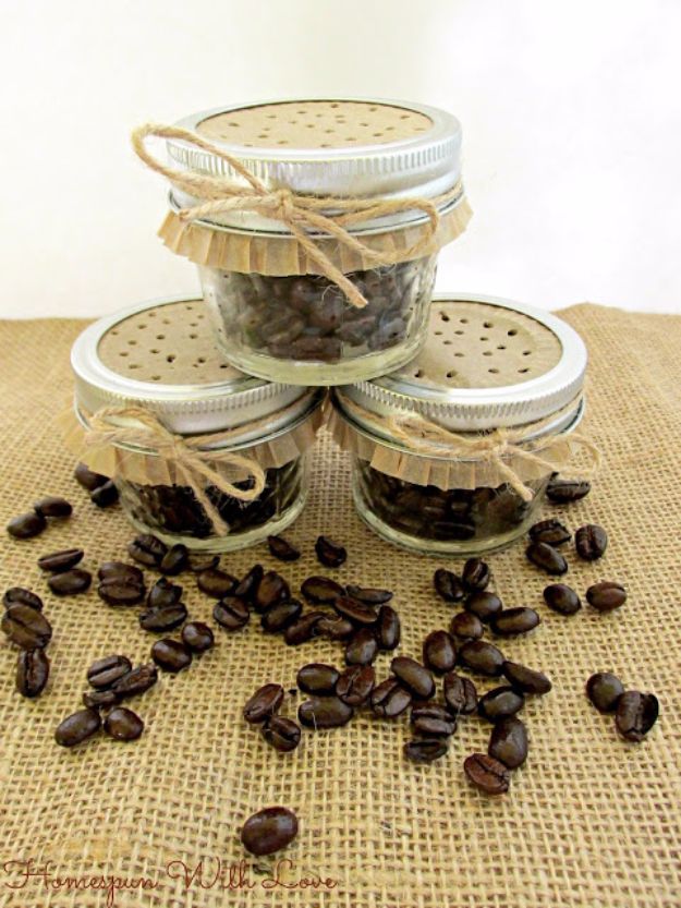 DIY Ideas for The Coffee Lover - Coffee Bean Fragrance Jars - Easy and Cool Gift Ideas for People Who Love Coffee Drinks - Coaster, Cups and Mugs, Tumblers, Canisters and Do It Yourself Gift Ideas - Gift Jars and Baskets, Fun Presents to Make for Mom, Dad and Friends http://diyjoy.com/diy-ideas-coffee-lover