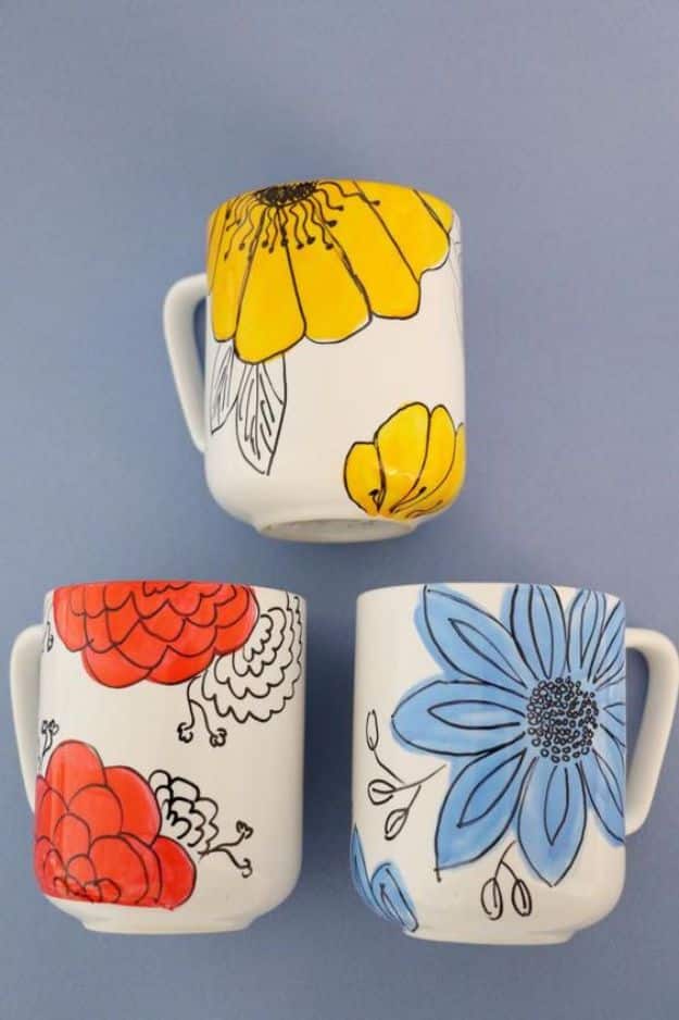 DIY Coffee Mugs - Customize Coffee Mugs With Hand-Drawn Flowers - Easy Coffee Mug Ideas for Homemade Gifts and Crafts - Decorate Your Coffee Cups and Tumblers With These Cool Art Ideas - Glitter, Paint, Sharpie Craft, Nail Polish Water Marble and Teen Projects #diygifts #easydiy