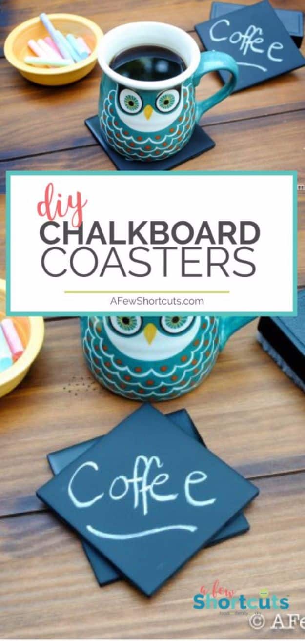 DIY Ideas for The Coffee Lover - DIY Chalkboard Coasters - Easy and Cool Gift Ideas for People Who Love Coffee Drinks - Coaster, Cups and Mugs, Tumblers, Canisters and Do It Yourself Gift Ideas - Gift Jars and Baskets, Fun Presents to Make for Mom, Dad and Friends http://diyjoy.com/diy-ideas-coffee-lover