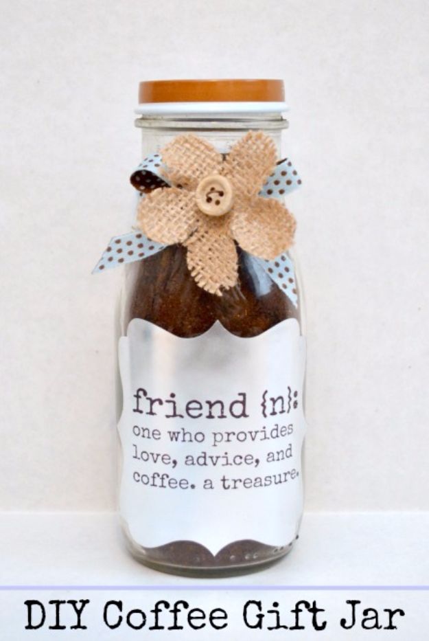DIY Ideas for The Coffee Lover - DIY Coffee Gift Jar - Easy and Cool Gift Ideas for People Who Love Coffee Drinks - Coaster, Cups and Mugs, Tumblers, Canisters and Do It Yourself Gift Ideas - Gift Jars and Baskets, Fun Presents to Make for Mom, Dad and Friends http://diyjoy.com/diy-ideas-coffee-lover