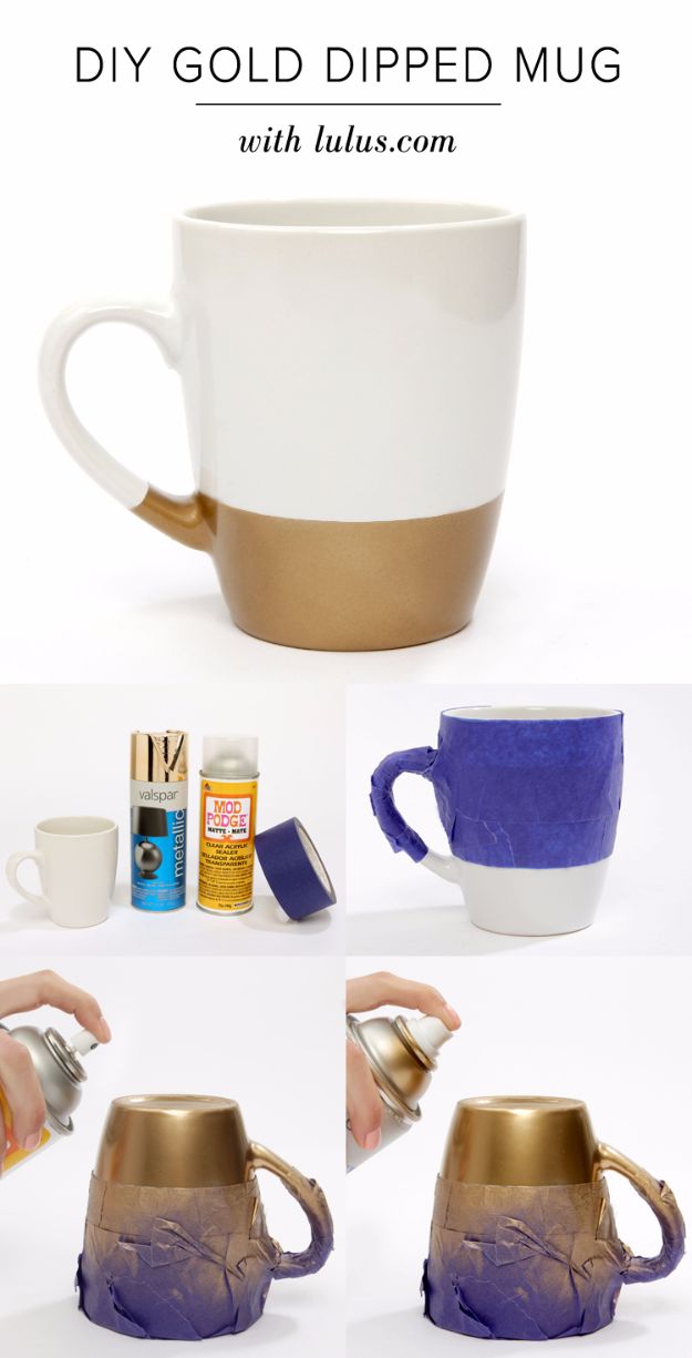 DIY Coffee Mugs - DIY Gold Dipped Mug - Easy Coffee Mug Ideas for Homemade Gifts and Crafts - Decorate Your Coffee Cups and Tumblers With These Cool Art Ideas - Glitter, Paint, Sharpie Craft, Nail Polish Water Marble and Teen Projects #diygifts #easydiy