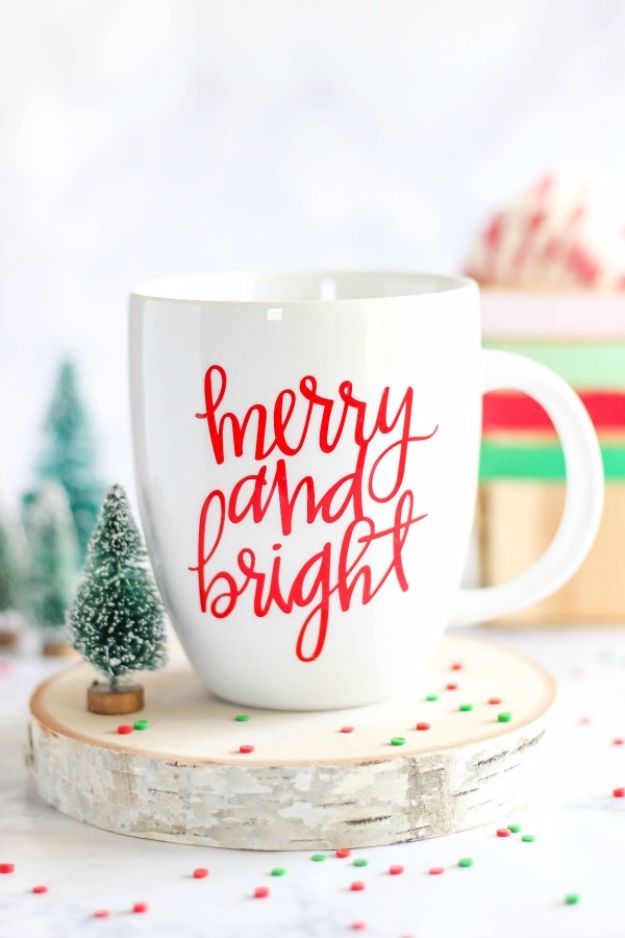 DIY Coffee Mugs - DIY Merry and Bright Vinyl Mug - Easy Coffee Mug Ideas for Homemade Gifts and Crafts - Decorate Your Coffee Cups and Tumblers With These Cool Art Ideas - Glitter, Paint, Sharpie Craft, Nail Polish Water Marble and Teen Projects #diygifts #easydiy