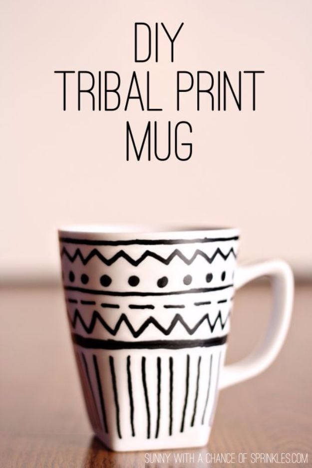 DIY Coffee Mugs - DIY Tribal Print Mug - Easy Coffee Mug Ideas for Homemade Gifts and Crafts - Decorate Your Coffee Cups and Tumblers With These Cool Art Ideas - Glitter, Paint, Sharpie Craft, Nail Polish Water Marble and Teen Projects #diygifts #easydiy