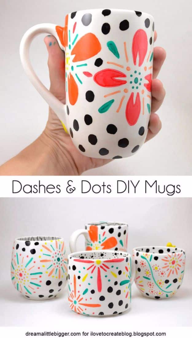 DIY Coffee Mugs - Dashes and Dots DIY Floral Mugs - Easy Coffee Mug Ideas for Homemade Gifts and Crafts - Decorate Your Coffee Cups and Tumblers With These Cool Art Ideas - Glitter, Paint, Sharpie Craft, Nail Polish Water Marble and Teen Projects #diygifts #easydiy