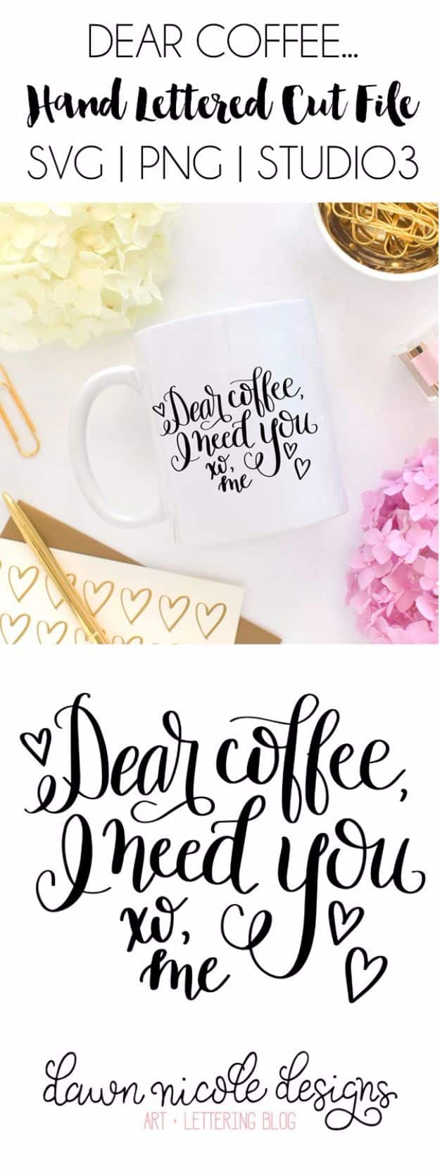 DIY Coffee Mugs - Dear Coffee Hand Lettered Free SVG Cut File - Easy Coffee Mug Ideas for Homemade Gifts and Crafts - Decorate Your Coffee Cups and Tumblers With These Cool Art Ideas - Glitter, Paint, Sharpie Craft, Nail Polish Water Marble and Teen Projects #diygifts #easydiy