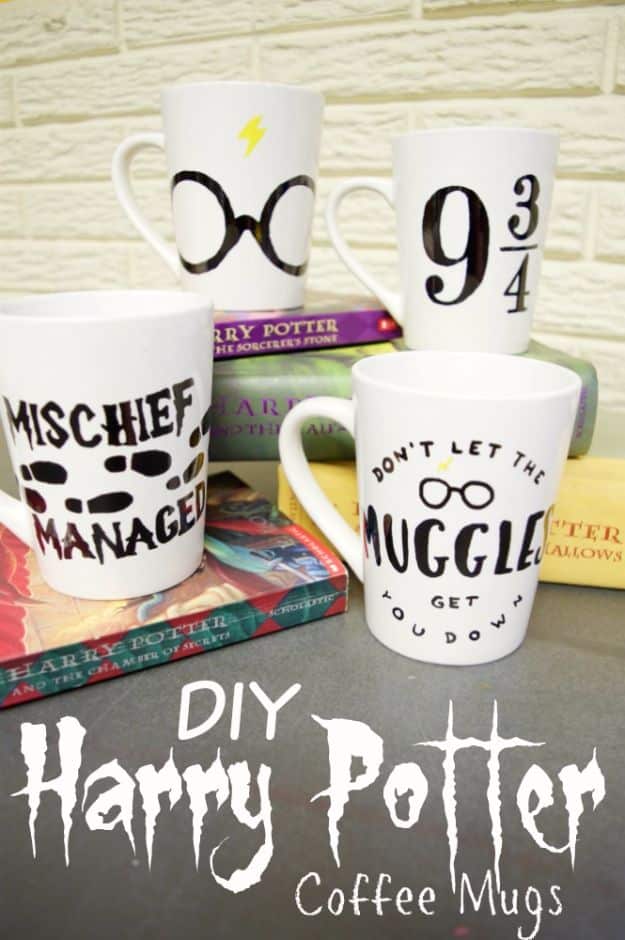 DIY Coffee Mugs - Easy DIY Harry Potter Coffee Mugs - Easy Coffee Mug Ideas for Homemade Gifts and Crafts - Decorate Your Coffee Cups and Tumblers With These Cool Art Ideas - Glitter, Paint, Sharpie Craft, Nail Polish Water Marble and Teen Projects #diygifts #easydiy
