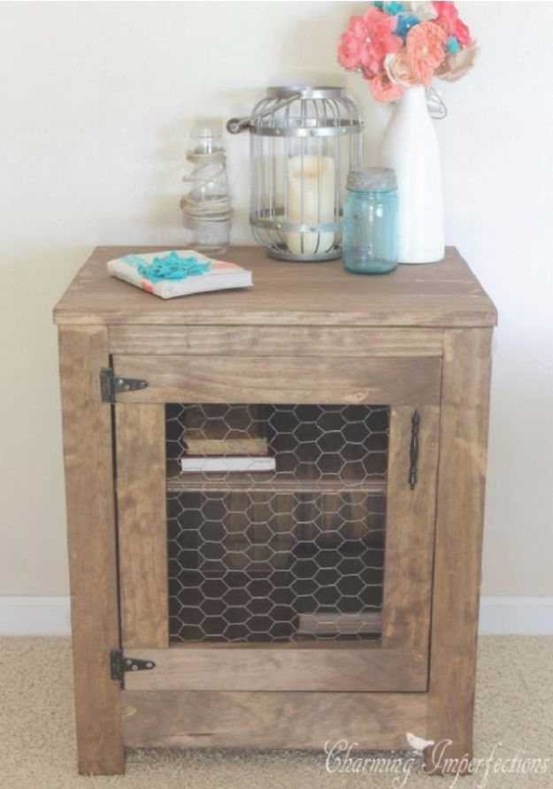 DIY Nightstands for the Bedroom - Farmhouse Chicken Wire Nightstand - Easy Do It Yourself Bedside Tables and Furniture Project Ideas - Thrift Store Makeovers For Your Room and Bed Side Night Stand - Storage for Books and Remotes, Cute Shabby Chic and Vintage Decor - Step by Step Tutorials and Instructions http://diyjoy.com/diy-nightstands-bedroom