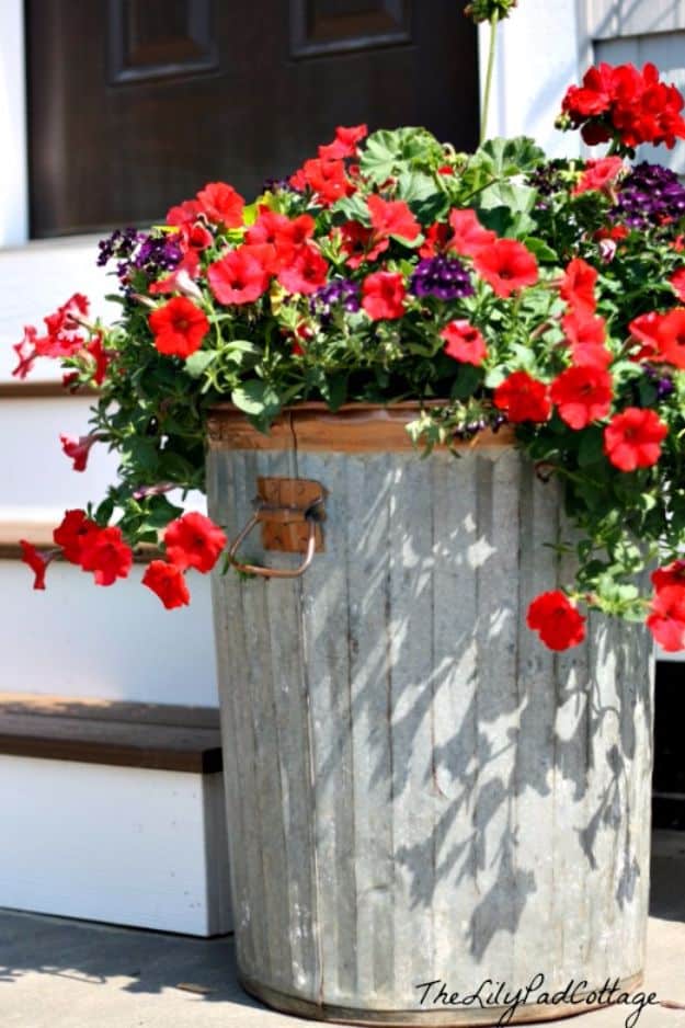 DIY Outdoor Planters - Garbage Can Flower Planter - Easy Planter Ideas to Make for The Porch, Pation and Backyard - Your Plants Will Love These DIY Plant Holders, Potting Ideas and Planter Boxes - Gardening DIY for Big and Small Plants Outdoors - Concrete, Wood, Cheap, Simple, Modern and Rustic Projects With Step by Step Instructions 