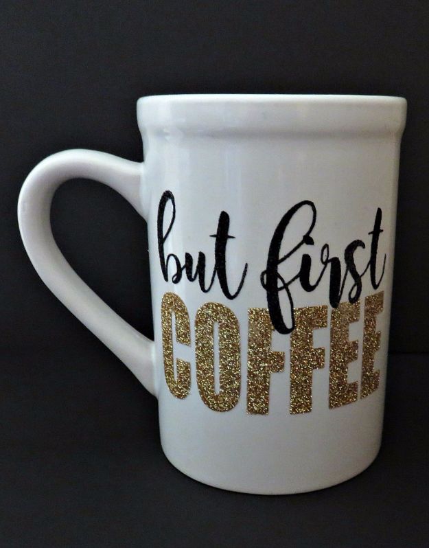 DIY Coffee Mugs - Glitter Heat Transfer Vinyl Mug - Easy Coffee Mug Ideas for Homemade Gifts and Crafts - Decorate Your Coffee Cups and Tumblers With These Cool Art Ideas - Glitter, Paint, Sharpie Craft, Nail Polish Water Marble and Teen Projects #diygifts #easydiy