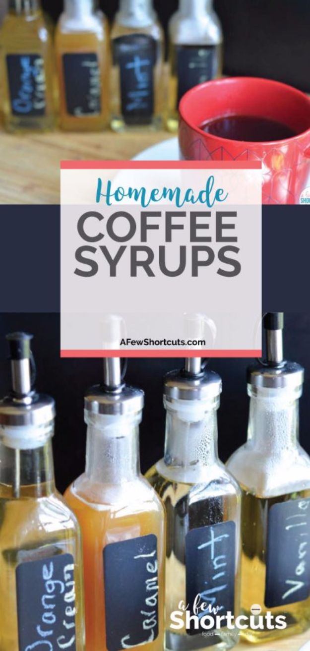 DIY Ideas for The Coffee Lover - Homemade Coffee Syrups - Easy and Cool Gift Ideas for People Who Love Coffee Drinks - Coaster, Cups and Mugs, Tumblers, Canisters and Do It Yourself Gift Ideas - Gift Jars and Baskets, Fun Presents to Make for Mom, Dad and Friends http://diyjoy.com/diy-ideas-coffee-lover