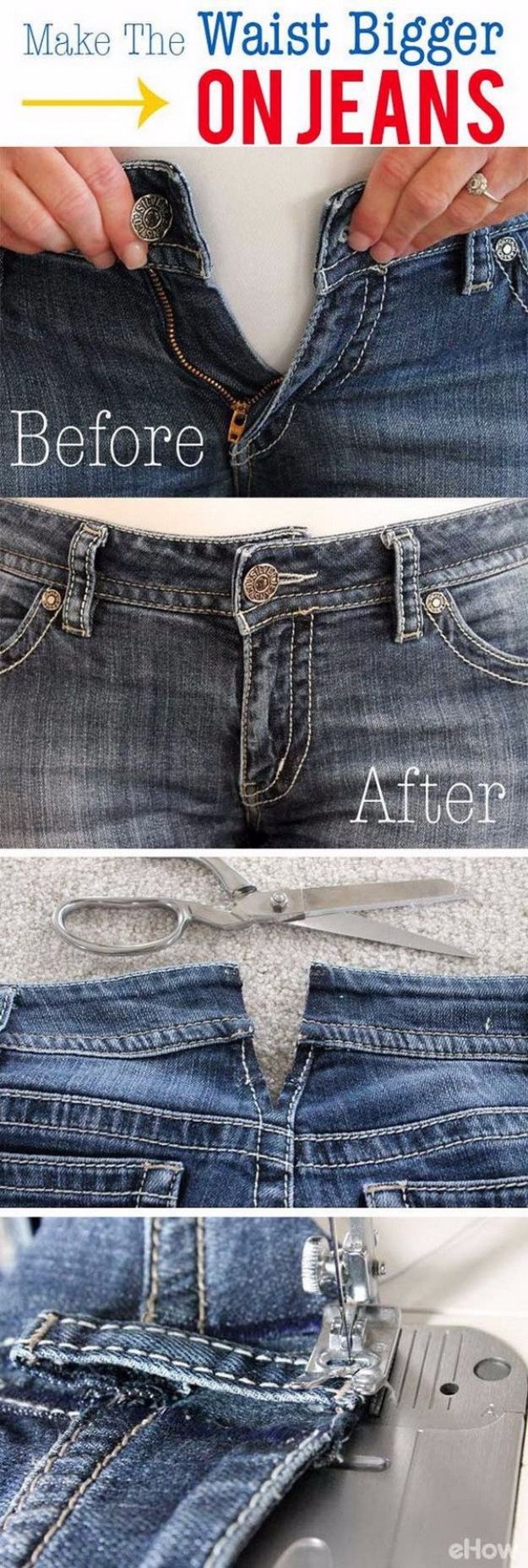 Clothes Hacks - Make The Waist Bigger On Jeans - DIY Fashion Ideas For Women and For Every Girl - Easy No Sew Hacks for Men's Shirts - Washing Machines Tips For Teens - How To Make Jeans For Fat People - Storage Tips and Videos for Room Decor http://diyjoy.com/diy-clothes-hacks