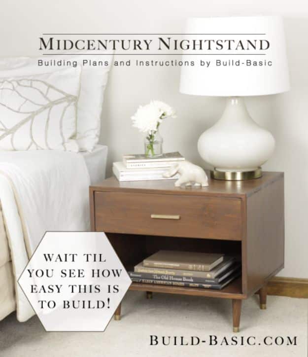 DIY Nightstands for the Bedroom - Midcentury-Style Nightstand - Easy Do It Yourself Bedside Tables and Furniture Project Ideas - Thrift Store Makeovers For Your Room and Bed Side Night Stand - Storage for Books and Remotes, Cute Shabby Chic and Vintage Decor - Step by Step Tutorials and Instructions http://diyjoy.com/diy-nightstands-bedroom