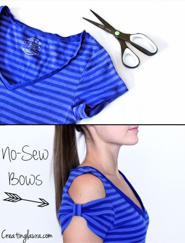 Clothes Hacks - No-Sew T-Shirt Bow Sleeves - DIY Fashion Ideas For Women and For Every Girl - Easy No Sew Hacks for Men's Shirts - Washing Machines Tips For Teens - How To Make Jeans For Fat People - Storage Tips and Videos for Room Decor http://diyjoy.com/diy-clothes-hacks