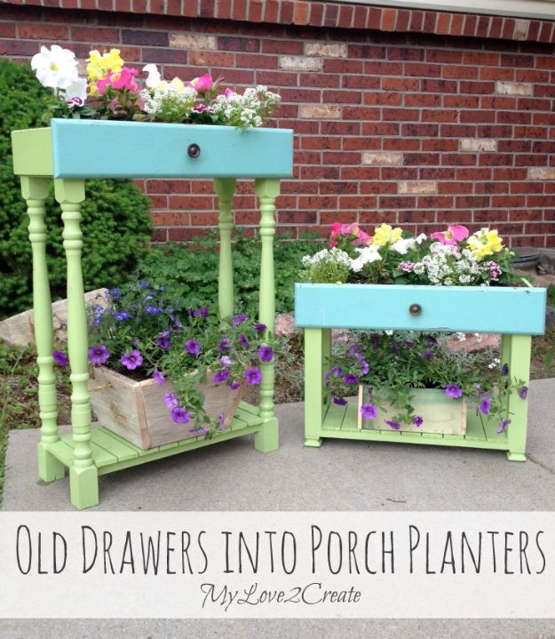 DIY Outdoor Planters - Old Drawers into Porch Planters - Easy Planter Ideas to Make for The Porch, Pation and Backyard - Your Plants Will Love These DIY Plant Holders, Potting Ideas and Planter Boxes - Gardening DIY for Big and Small Plants Outdoors - Concrete, Wood, Cheap, Simple, Modern and Rustic Projects With Step by Step Instructions 