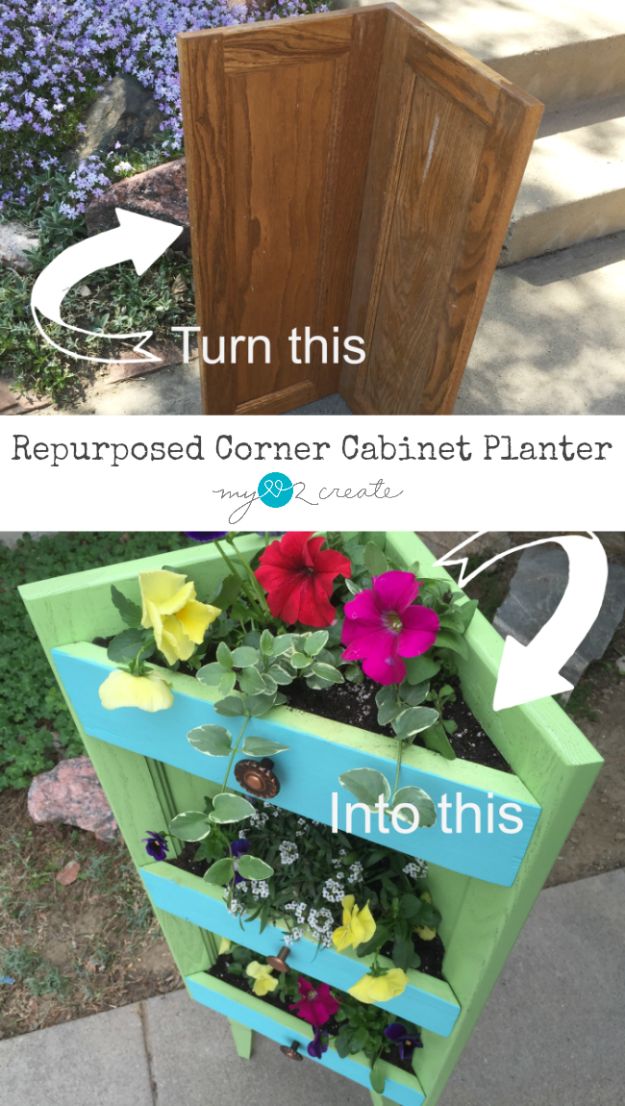 DIY Outdoor Planters - Repurposed Corner Cabinet Planter - Easy Planter Ideas to Make for The Porch, Pation and Backyard - Your Plants Will Love These DIY Plant Holders, Potting Ideas and Planter Boxes - Gardening DIY for Big and Small Plants Outdoors - Concrete, Wood, Cheap, Simple, Modern and Rustic Projects With Step by Step Instructions 