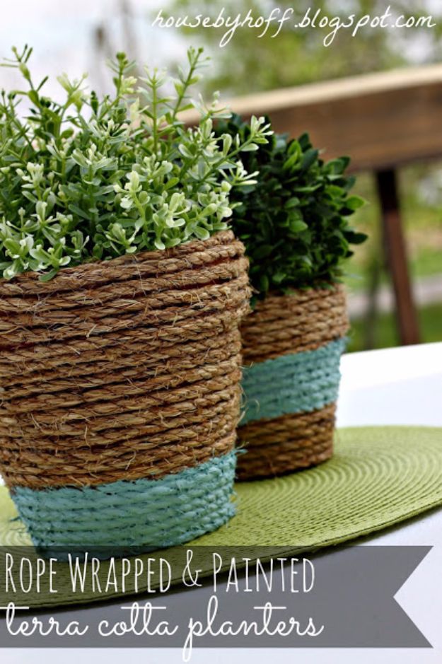 DIY Outdoor Planters - Rope-Wrapped Pots - Easy Planter Ideas to Make for The Porch, Pation and Backyard - Your Plants Will Love These DIY Plant Holders, Potting Ideas and Planter Boxes - Gardening DIY for Big and Small Plants Outdoors - Concrete, Wood, Cheap, Simple, Modern and Rustic Projects With Step by Step Instructions 