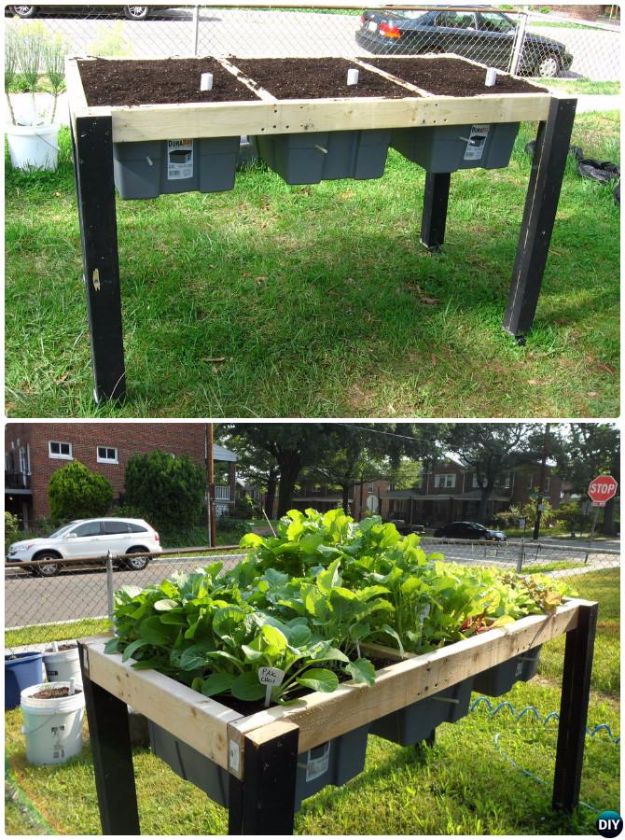 DIY Garden Beds - Self-Watering Veggie Table - Easy Gardening Ideas for Raised Beds and Planter Boxes - Free Plans, Tutorials and Step by Step Tutorials for Building and Landscaping Projects - Update Your Backyard and Gardens With These Cheap Do It Yourself Ideas http://diyjoy.com/diy-garden-beds