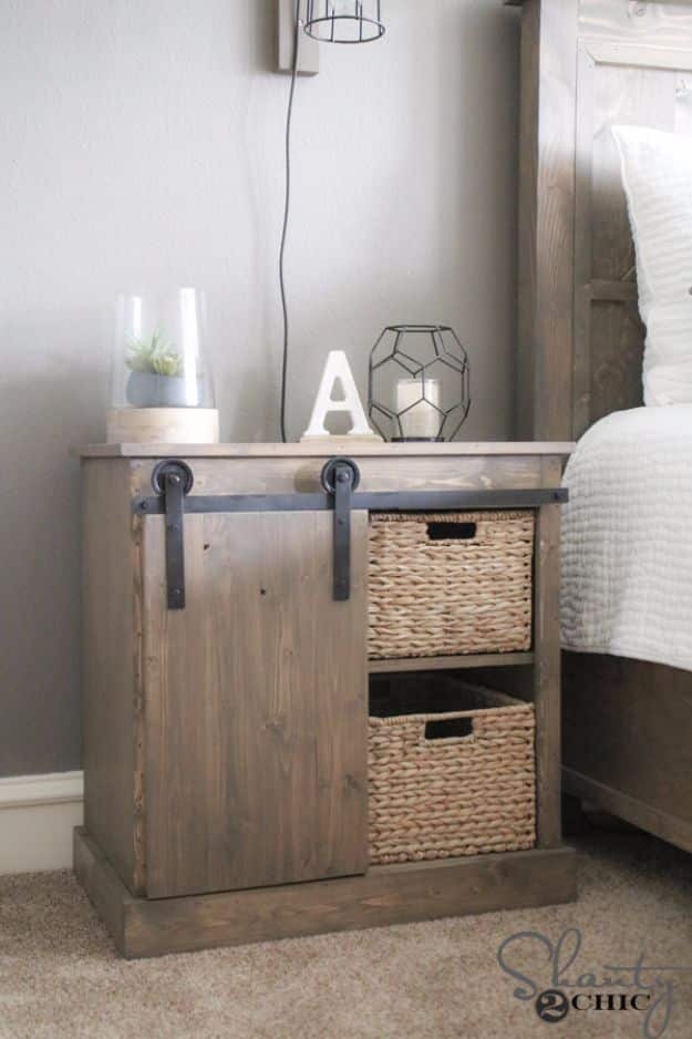 DIY Nightstands for the Bedroom - Sliding Barn Door Nightstand - Easy Do It Yourself Bedside Tables and Furniture Project Ideas - Thrift Store Makeovers For Your Room and Bed Side Night Stand - Storage for Books and Remotes, Cute Shabby Chic and Vintage Decor - Step by Step Tutorials and Instructions http://diyjoy.com/diy-nightstands-bedroom