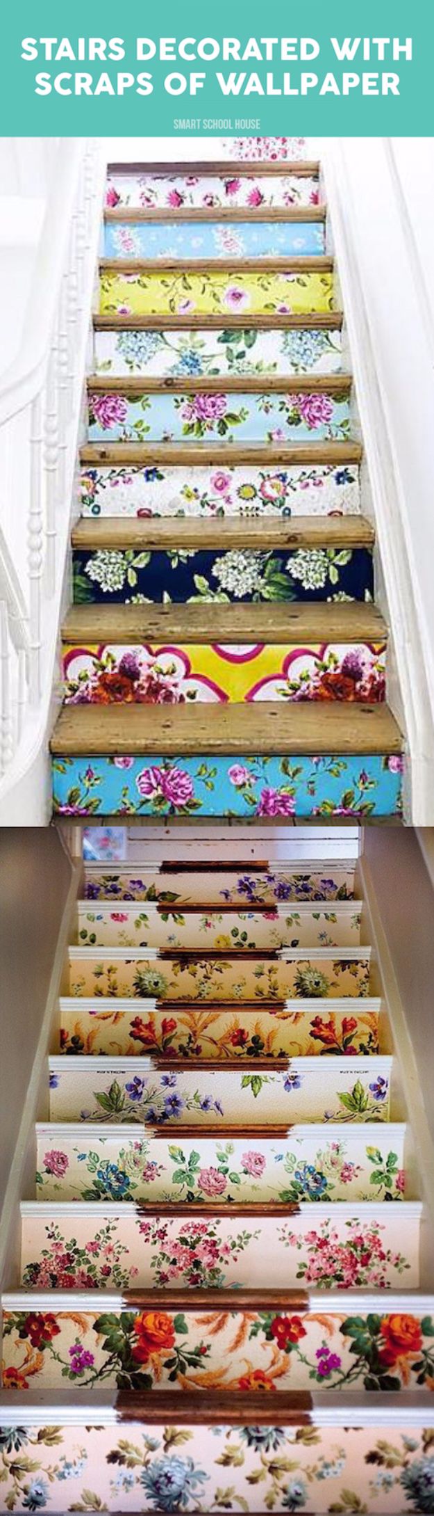 DIY Ideas for Wallpaper Scraps - Stairs Decorated With Scraps Of Wallpaper - Cute Projects and Easy DIY Gift Ideas to Make With Leftover Wall Paper - Fun Home Decor, Homemade Wall Art Idea Tutorials, Creative Ways to Use Old Wallpapers - Cool Crafts for Men, Women and Teens http://diyjoy.com/diy-ideas-wallpaper-scraps