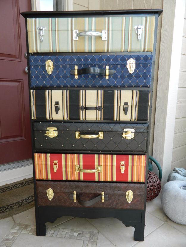 DIY Dressers - Suitcase Dresser - Simple DIY Dresser Ideas - Easy Dresser Upgrades and Makeovers to Create Cool Bedroom Decor On A Budget- Do It Yourself Tutorials and Instructions for Decorating Cheap Furniture - Crafts for Women, Men and Teens http://diyjoy.com/diy-dresser-ideas