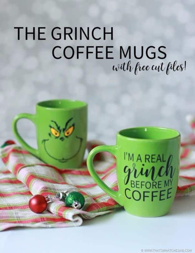 DIY Ideas for The Coffee Lover - The Grinch Coffee Mugs - Easy and Cool Gift Ideas for People Who Love Coffee Drinks - Coaster, Cups and Mugs, Tumblers, Canisters and Do It Yourself Gift Ideas - Gift Jars and Baskets, Fun Presents to Make for Mom, Dad and Friends http://diyjoy.com/diy-ideas-coffee-lover