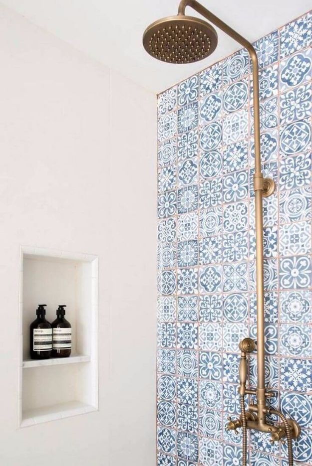 DIY Tile Ideas - Tunisian Kasbah Blue Shower Tiles - Creative Crafts for Bathroom, Kitchen, Living Room, and Fireplace - Awesome Shower and Bathtub Ideas - Fun and Easy Home Decor Projects - How To Make Rustic Entryway Art #homeimprovement #diy