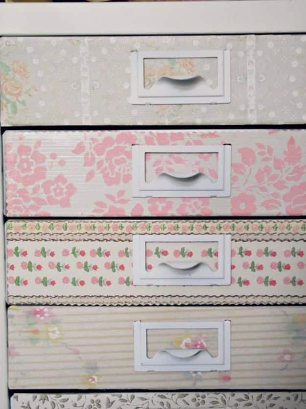 DIY Ideas for Wallpaper Scraps - Vintage Filing Cabinet Makeover - Cute Projects and Easy DIY Gift Ideas to Make With Leftover Wall Paper - Fun Home Decor, Homemade Wall Art Idea Tutorials, Creative Ways to Use Old Wallpapers - Cool Crafts for Men, Women and Teens http://diyjoy.com/diy-ideas-wallpaper-scraps