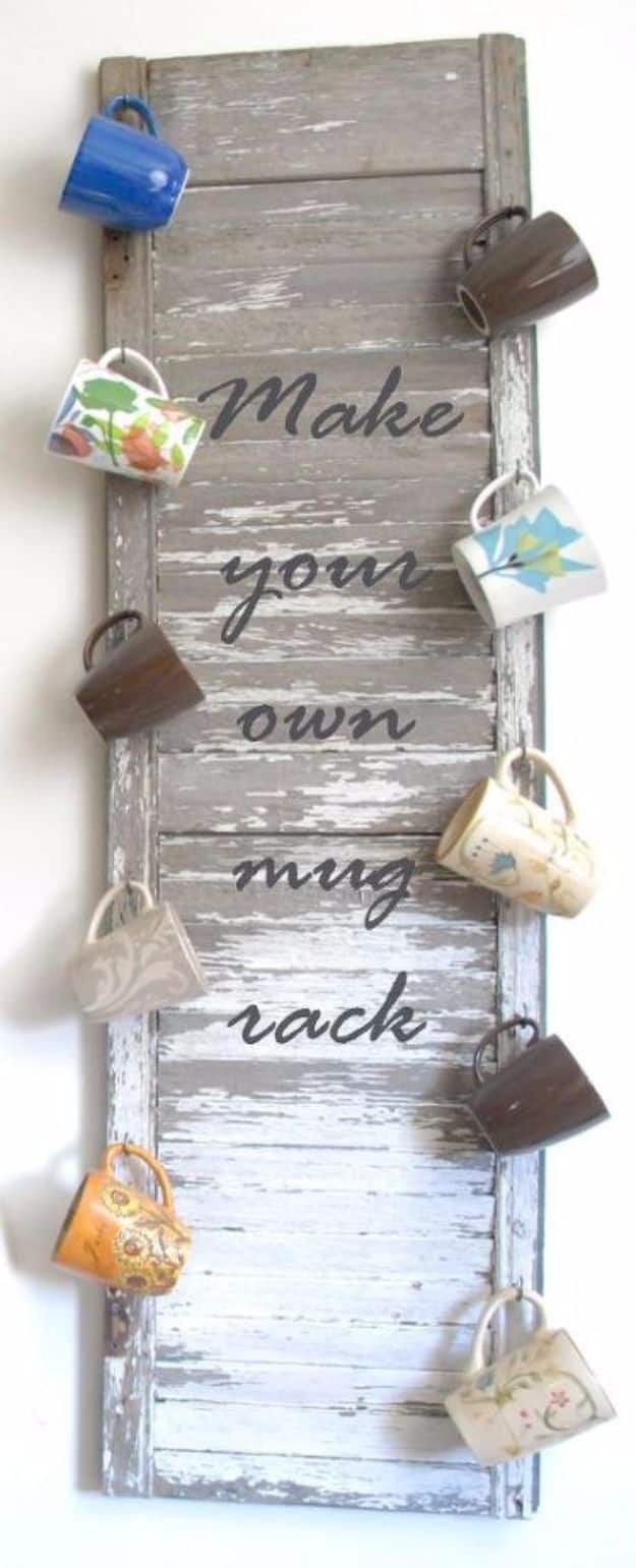 DIY Ideas for The Coffee Lover - Vintage Shutter Mug Rack - Easy and Cool Gift Ideas for People Who Love Coffee Drinks - Coaster, Cups and Mugs, Tumblers, Canisters and Do It Yourself Gift Ideas - Gift Jars and Baskets, Fun Presents to Make for Mom, Dad and Friends http://diyjoy.com/diy-ideas-coffee-lover
