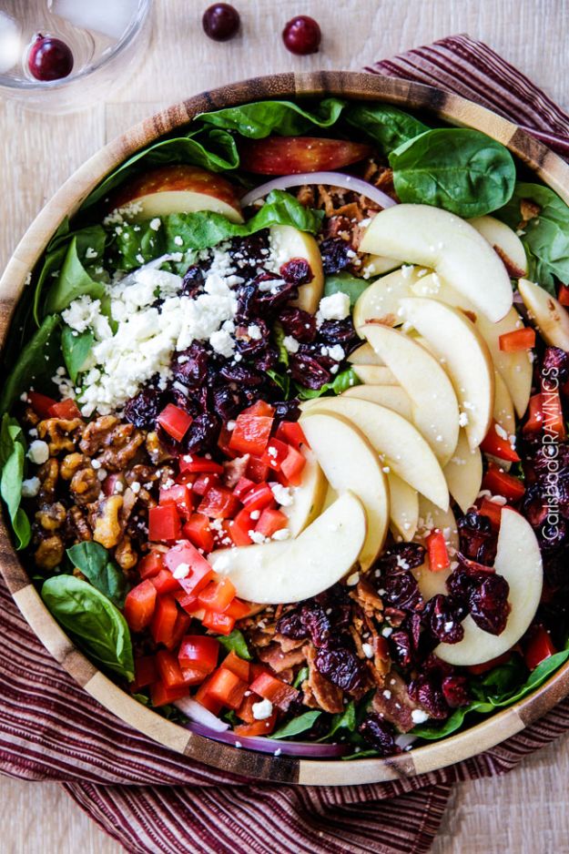 Best Dinner Party Ideas - Apple Cranberry Bacon Candied Walnut Salad with Apple Poppy Seed Vinaigrette - Best Recipes for Foods to Serve, Casseroles, Finger Foods, Desserts and Appetizers- Place Settings and Cards, Centerpieces, Table Decor and Recipe Ideas for Supper Clubs and Dinner Parties http://diyjoy.com/best-dinner-party-ideas