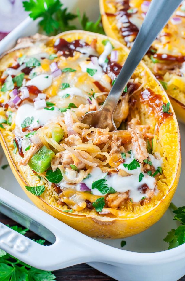 Best Barbecue Recipes - BBQ Chicken Spaghetti Squash - Easy BBQ Recipe Ideas for Lunch, Dinner and Quick Party Appetizers - Grilled and Smoked Foods, Chicken, Beef and Meat, Fish and Vegetable Ideas for Grilling - Sauces and Rubs, Seasonings and Favorite Bar BBQ Tips #bbq #bbqrecipes #grilling