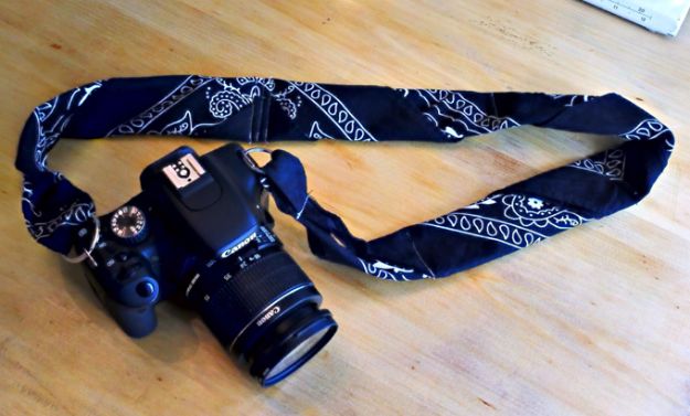 DIY Ideas With Bandanas - Bandana Camera Strip Re-do - Bandana Crafts and Decor Projects Made With A Bandana - No Sew Ideas, Bags, Bracelets, Hats, Halter Tops, Blankets and Quilts, Headbands, Simple Craft Project Tutorials for Kids and Teens - Home Decoration and Country Themed Crafts To Make and Sell On Etsy #crafts #country #diy