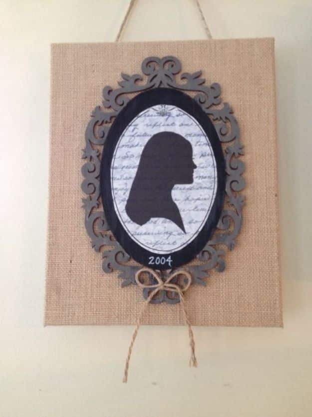 DIY Burlap Ideas - Burlap Canvas Silhouette - Burlap Furniture, Home Decor and Crafts - Banners and Buntings, Wall Art, Ottoman from Coffee Sacks, Wreath, Centerpieces and Table Runner - Kitchen, Bedroom, Living Room, Bathroom Ideas - Shabby Chic Craft Projects and DIY Wedding Decor http://diyjoy.com/diy-burlap-decor-ideas