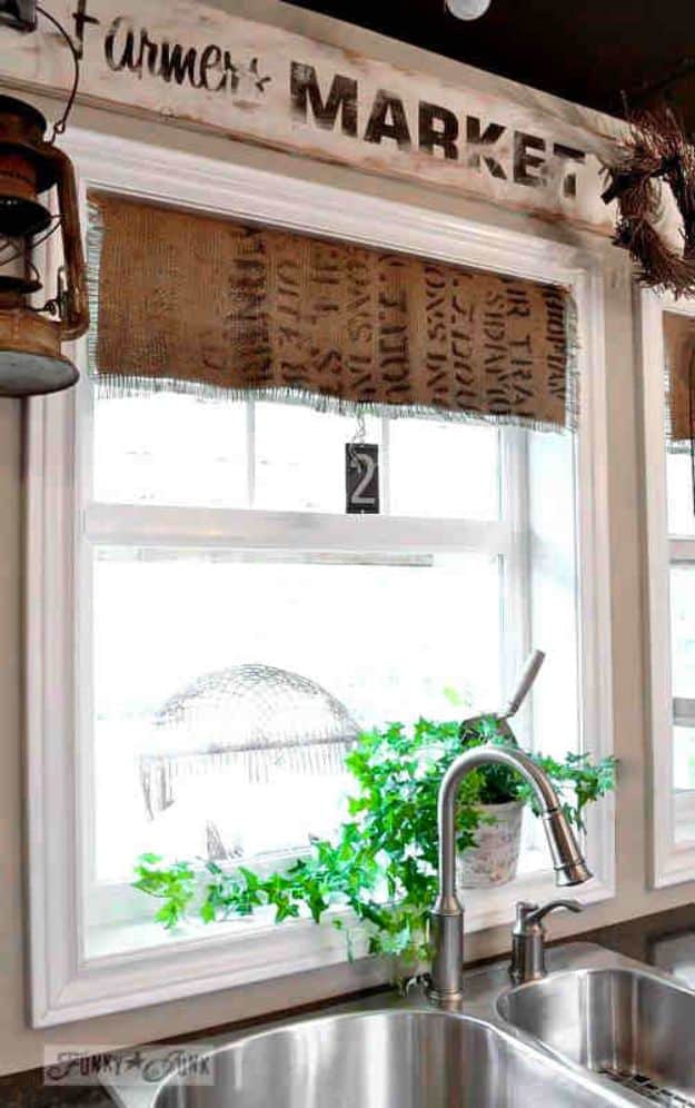 DIY Burlap Ideas - Burlap Coffee Bean Sack Window Shades - Burlap Furniture, Home Decor and Crafts - Banners and Buntings, Wall Art, Ottoman from Coffee Sacks, Wreath, Centerpieces and Table Runner - Kitchen, Bedroom, Living Room, Bathroom Ideas - Shabby Chic Craft Projects and DIY Wedding Decor http://diyjoy.com/diy-burlap-decor-ideas