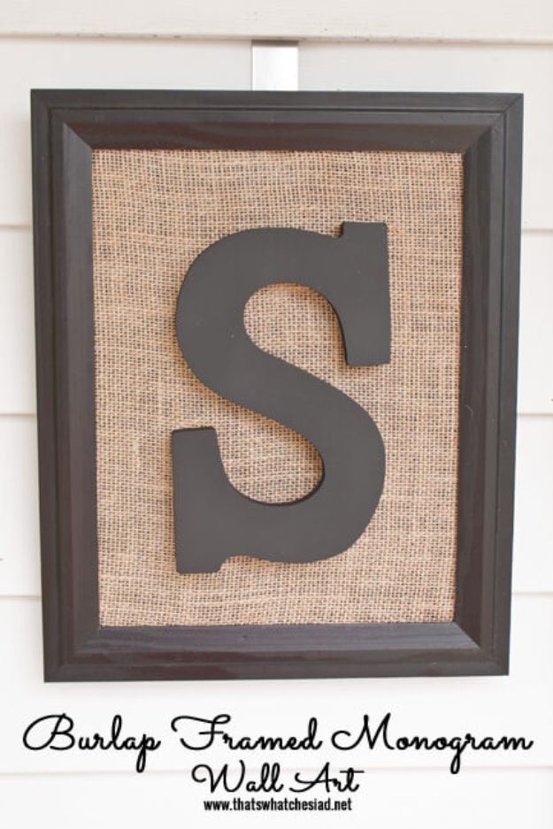 DIY Burlap Ideas - Burlap Framed Monogram Wall Art - Burlap Furniture, Home Decor and Crafts - Banners and Buntings, Wall Art, Ottoman from Coffee Sacks, Wreath, Centerpieces and Table Runner - Kitchen, Bedroom, Living Room, Bathroom Ideas - Shabby Chic Craft Projects and DIY Wedding Decor http://diyjoy.com/diy-burlap-decor-ideas