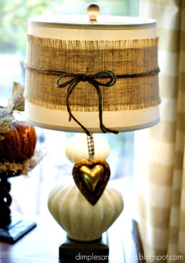 DIY Burlap Ideas - Burlap Lampshade - Burlap Furniture, Home Decor and Crafts - Banners and Buntings, Wall Art, Ottoman from Coffee Sacks, Wreath, Centerpieces and Table Runner - Kitchen, Bedroom, Living Room, Bathroom Ideas - Shabby Chic Craft Projects and DIY Wedding Decor http://diyjoy.com/diy-burlap-decor-ideas