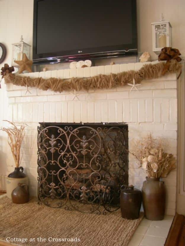 DIY Burlap Ideas - Burlap Mantel Garland - Burlap Furniture, Home Decor and Crafts - Banners and Buntings, Wall Art, Ottoman from Coffee Sacks, Wreath, Centerpieces and Table Runner - Kitchen, Bedroom, Living Room, Bathroom Ideas - Shabby Chic Craft Projects and DIY Wedding Decor http://diyjoy.com/diy-burlap-decor-ideas