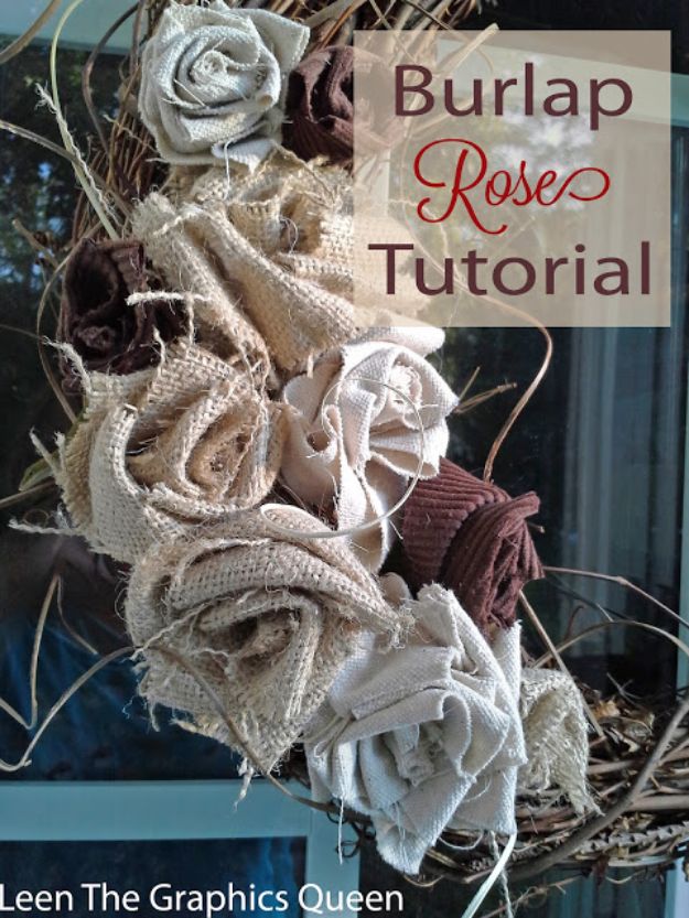 DIY Burlap Ideas - Burlap Rose - Burlap Furniture, Home Decor and Crafts - Banners and Buntings, Wall Art, Ottoman from Coffee Sacks, Wreath, Centerpieces and Table Runner - Kitchen, Bedroom, Living Room, Bathroom Ideas - Shabby Chic Craft Projects and DIY Wedding Decor http://diyjoy.com/diy-burlap-decor-ideas