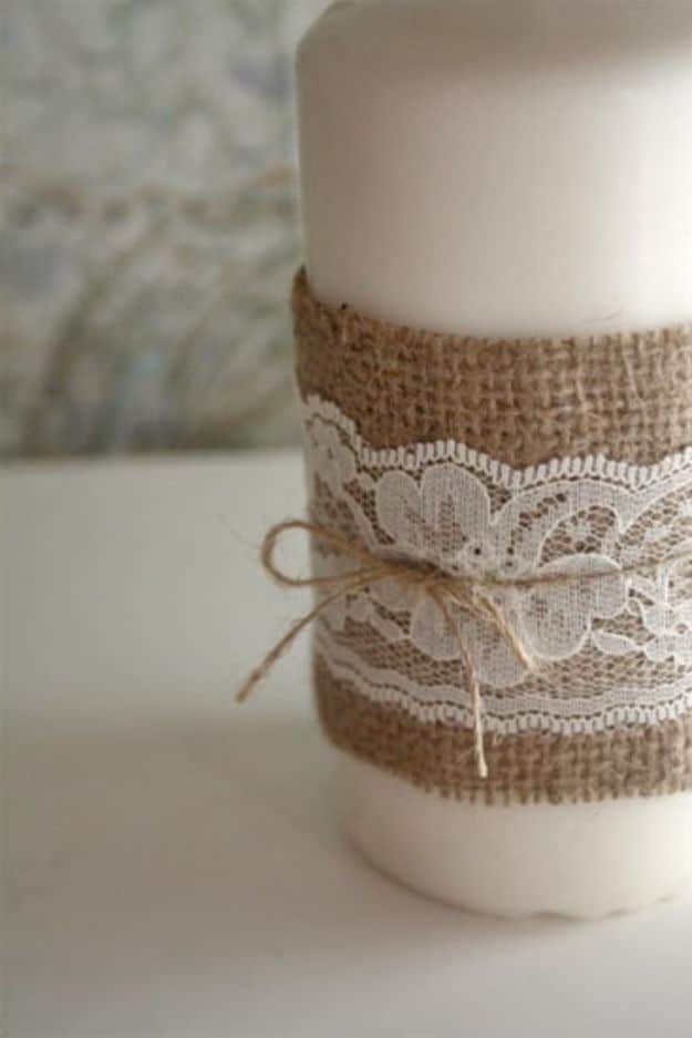 DIY Burlap Ideas - Burlap and Lace Candle - Burlap Furniture, Home Decor and Crafts - Banners and Buntings, Wall Art, Ottoman from Coffee Sacks, Wreath, Centerpieces and Table Runner - Kitchen, Bedroom, Living Room, Bathroom Ideas - Shabby Chic Craft Projects and DIY Wedding Decor http://diyjoy.com/diy-burlap-decor-ideas
