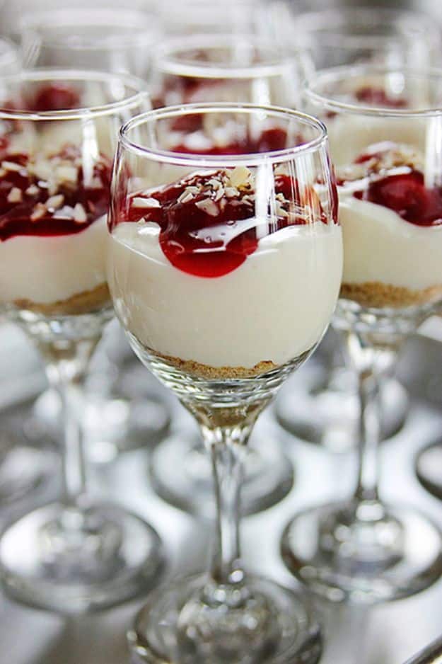 Best Dinner Party Ideas - Cherry Cheesecake Shooters - Best Recipes for Foods to Serve, Casseroles, Finger Foods, Desserts and Appetizers- Place Settings and Cards, Centerpieces, Table Decor and Recipe Ideas for Supper Clubs and Dinner Parties http://diyjoy.com/best-dinner-party-ideas